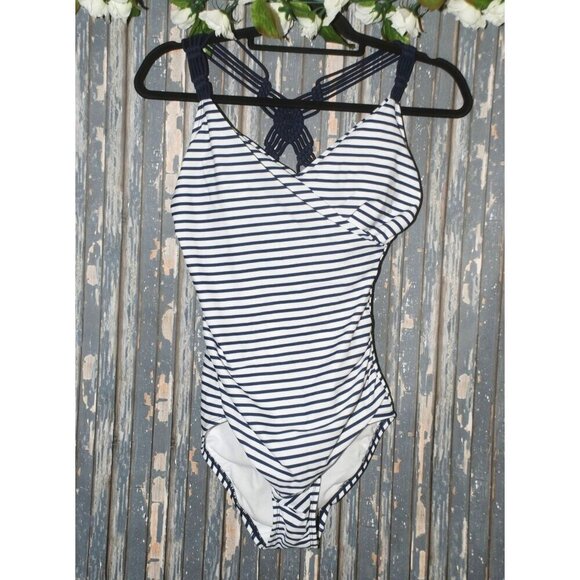 Kona Sol 1 Piece Swimsuit Size M Macrame Straps Built in Bra Blue White Striped - Picture 1 of 10